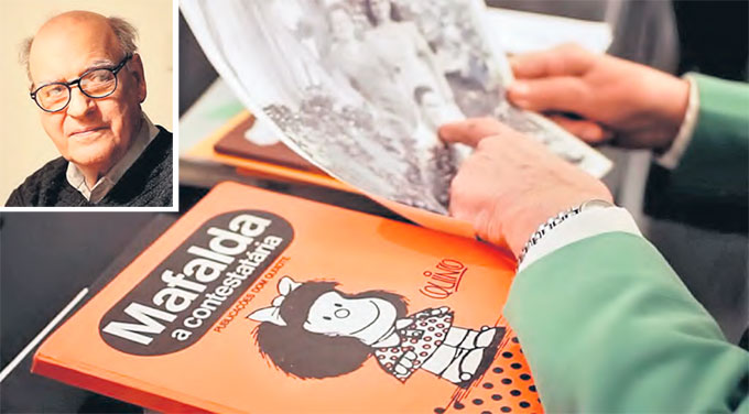 A personagem ficou conhecida no mundo todo por sua personalidade contestadora. Quino (no detalhe) faleceu em 2020, aos 88 anos de idade (FOTOS: DIVULGAO)
